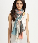 A luxurious blend of silk and cashmere with colorful folliage print. 50% silk/50% cashmereAbout 28 X 80Dry cleanImported 