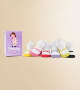 Six pairs of brightly-colored Mary Jane socks with a ruffled lace cuff, packaged in a cute box. 80% cotton/17% acrylic/3% spandex Machine wash Imported
