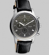 EXCLUSIVELY AT SAKS. A sleek, thoroughly modern design benefits from clean styling and black logo dial. The leather strap and stainless steel bezel add handsome finishes. Round bezel Quartz movement Three-eye chronograph functionality Water resistant to 5 ATM Second hand Stainless steel case: 44mm (1.73) Leather strap Imported 