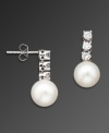Simple elegance to refine your look. CRISLU's polished earrings highlight a freshwater pearl (8 mm) and three round-cut cubic zirconias (1 ct. t.w.) set in platinum over sterling silver. Approximate drop: 1 inch.