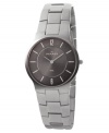 In sleek charcoal gray with a refined, modern style, this Skagen Denmark watch is perfect for every occasion. Silvertone stainless steel bracelet and round case. Round grey dial with logo and stick indices. Quartz movement. Water resistant to 30 meters. Limited lifetime warranty.