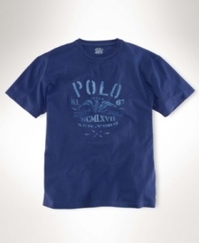 A classic-fitting cotton T-shirt with a printed vintage-inspired graphic offers superior comfort and a timeless look. A classic-fitting cotton T-shirt with a printed vintage-inspired graphic offers superior comfort and a timeless look.