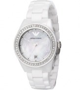 A twinkle in your eye and a shimmer on your wrist. Gleaming watch by Emporio Armani crafted of white ceramic bracelet and round stainless steel and ceramic case. Bezel crystallized with Swarovski elements. Mother-of-pearl dial features silver tone stick indices, numerals at three and nine o'clock, date window at six o'clock, logo at twelve o'clock and three hands. Quartz movement. Water resistant to 50 meters. Two-year limited warranty.