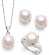 Classic elegance. This sophisticated jewelry set highlights cultured freshwater pearls (11-11-1/2 mm) in a smooth sterling silver setting. Approximate length (pendant): 18 inches. Approximate drop (pendant): 3/4 inch. Approximate earring diameter: 1/2 inch. Ring Size 7.