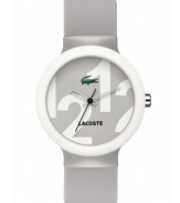 A touch of gray gives that distinguished look. Unisex Goa watch by Lacoste crafted of light gray silicone strap and round plastic case with white bezel. Gray dial features 1212 print, iconic crocodile logo at three o'clock, cut-out hour and minute hands, and black second hand. Quartz movement. Water resistant to 30 meters. Two-year limited warranty.