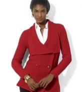 Lauren Ralph Lauren's double-breasted petite cardigan with an elegantly draped shawl collar creates a flattering silhouette that fastens at the waist with a Lauren Ralph Lauren button.