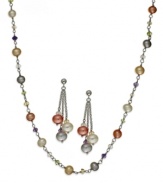 Freshen your look with some lively color. This matching jewelry set from Fresh by Honora features citrine (1-1/3 ct. t.w.), amethyst (1-1/6 ct. t.w), peridot (1-1/3 ct. t.w.) and rose quartz (1-1/6 ct. t.w.) with shimmering cultured freshwater pearls (6-7 mm) in white raspberry, grey and champagne hues. Approximate length: 18 inches. Approximate drop: 1-1/2 inches.