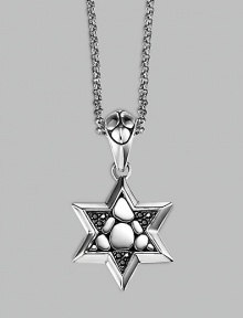 A stunningly appointed Star of David pendant, accented by black sapphires on a silver chain necklace. From the Kali Collection Silver Black sapphires, 0.216 tcw Pendant, ¾W X 1½H Necklace, 36 long Lobster clasp Imported 