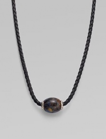 From the Ojime Collection. A contemporary look marries a marbled pietersite bead with a braided leather cord. Sterling silver accents Woven leather Length, 20 Width, about 3mm Chevron magnetic clasp Imported