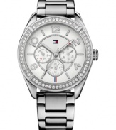 The classic steel watch receives a ladylike touch with Swarovski accents on this Tommy Hilfiger watch.