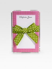 Fun little memo notes are perfect for quick notes and reminders...stick them in briefcases, purses or backpacks! Includes 200 notes Arrives in Lucite holder wrapped in grosgrain ribbon 4 X 6½ notes Made in USAFOR PERSONALIZATIONSelect a color and quantity, then scroll down and click on PERSONALIZE & ADD TO BAG to choose and preview your monogramming options. Fun little memo notes are perfect for quick notes and reminders...stick them in briefcases, purses or backpacks! Includes 200 notes Arrives in Lucite holder wrapped in grosgrain ribbon 4 X 6½ notes Made in USAFOR PERSONALIZATIONSelect a color and quantity, then scroll down and click on PERSONALIZE & ADD TO BAG to choose and preview your monogramming options.
