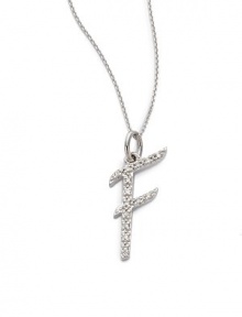 THE LOOK14k white gold.08 tcwF initial pendantSpring ring claspTHE FITLength, about 16Pendant size, about ¼W X ¾LTHE MATERIAL14k white goldDiamondsORIGINImported THE LOOK14k white gold.08 tcwF initial pendantSpring ring claspTHE FITLength, about 16Pendant size, about ¼W X ¾LTHE MATERIAL14k white goldDiamondsORIGINImported