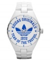 40 years of fresh fashion: this sleek watch in white and blue commemorates the anniversary of adidas' iconic trefoil logo.