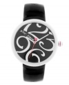 Simple meets over-the-top in that signature Betsey Johnson style. Watch crafted of black leather strap and round silver tone mixed metal case. Black dial features large silver-tone numerals at twelve, three, six and nine o'clock, silver tone hour and minute hands, signature fuchsia second hand with heart and logo. Quartz movement. Water resistant to 30 meters. Two-year limited warranty.