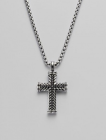 A finely detailed silver chevron cross pendant is centered with brilliant black pavé diamonds. Diamonds, 0.65 tcw Chain length 22 Imported A finely detailed silver chevron cross pendant is centered with brilliant black pavé diamonds. Diamonds, 0.65 tcw Chain length 22 Imported