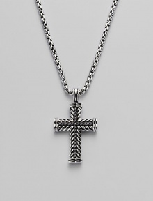 A finely detailed silver chevron cross pendant is centered with brilliant black pavé diamonds. Diamonds, 0.65 tcw Chain length 22 Imported