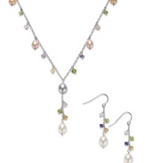 Mix it up with fresh colors and unique stones. Fresh by Honora's matching necklace and earrings set highlights rose, champagne, grey and white cultured freshwater pearls (6-8mm) with citrine (2-1/5 ct. t.w.), amethyst (1/4 ct. t.w.), peridot (2-1/3 ct. t.w.) and rose quartz (2-1/4 ct. t.w.) chips. Set in sterling silver. Approximate length: 18 inches. Approximate drop (pendant): 1-1/4 inches. Approximate drop (earring): 1-1/2 inches.