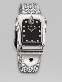 An elegant timepiece in sleek stainless steel with a Milanese-style bracelet. Swiss quartz movement Buckle-shaped case Case, 36mm X 33mm, 1.42 X 1.29 Water-resistant to 3ATM Strap width, 20mm, 0.79; length, 210mm, 8.27 Black 11 diamond dial Diamonds, tcw .10 Sapphire crystal Made in Switzerland An elegant timepiece in sleek stainless steel with a Milanese-style bracelet. Swiss quartz movement Buckle-shaped case Case, 36mm X 33mm, 1.42 X 1.29 Water-resistant to 3ATM Strap width, 20mm, 0.79; length, 210mm, 8.27 Black 11 diamond dial Diamonds, tcw .10 Sapphire crystal Made in Switzerland