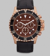 Crafted with precision and perfection, in brushed rose gold tone stainless steel with genuine, croc-embossed leather strap.Chronograph movementRound bezelWater resistant to 10ATMDate display at 5 o'clock Second handStainless steel case: 45mm(1.77)Leather braceletImported