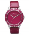 Pretty in pink, taken to the extreme by Marc by Marc Jacobs' Blade. Watch features berry-colored patent leather strap and round stainless steel case. Berry bezel with silvertone script logo. Plain berry dial features silvertone hands and logo. Quartz movement. Water resistant to 30 meters. Two-year limited warranty.