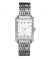 This Burberry watch features a check-inspired stainless steel bracelet and rectangular case. Silver sunray dial with check pattern features applied silver tone stick indices, minute track, date window at six o'clock, three hands and logo. Swiss made. Quartz movement. Water resistant to 50 meters. Two-year limited warranty.