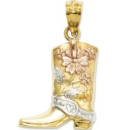 This boot was made for walking. Crafted in 14k gold and sterling silver, a unique floral pattern adorns this cowboy boot charm. Chain not included. Approximate length: 9/10 inch. Approximate width: 1/2 inch.