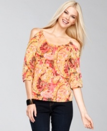 Cutout shoulders enhance a pretty printed peasant top from INC. Cutout shoulders enhance a pretty printed peasant top from INC.