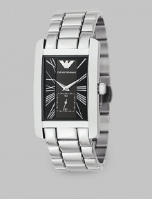 A solid stainless bracelet band offsets a black dial on this signature timepiece. Quartz movement Rectangular case Roman numeral markers Sub dial with second hand Imported