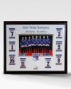 This gorgeous retired-numbers collage is a must have for any New York Rangers fan. This handsomely framed collage features a rare photograph of every Rangers legend, a replica of their retired-number banner and a piece of authentic game-used net. A must-have piece for any Rangers fan. Includes piece of game-used net and certificate of authenticity 35W X 30H Made in USA 
