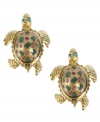 Slow and steady wins the race. Move at your own pace with these darling turtle studs by Betsey Johnson. Earrings boast a green-colored shell with pink-colored crystal accents and blue crystal eyes. Crafted in antique gold tone mixed metal. Approximate drop: 3/4 inch.