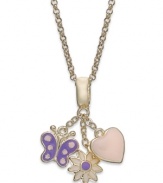 Embrace whimsy. Lily Nily's children's necklace features enamel flower, heart and butterfly pendants for a vibrant touch. Set in 18k gold over sterling silver. Item comes packaged in a signature Lily Nily Gift Box. Approximate length: 14 inches. Approximate drop: 1 inch.