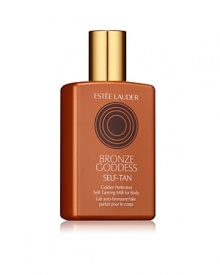 Light, milky lotion gives you a heavenly, sun-kissed tan that looks more natural than ever.Divine Seduction for Your Skin- Instantly see a transfer-resistant, soft shimmer bronze tint.- Self-tanner creates even, golden color, starting in under an hour.- Super-luxurious formula goes on silky-smooth.Advanced Self-Tan Technology- Applies easily, so you don't need to worry-your tan will come out just right every time. - Estée Lauder's advanced tan-perfecting technology is proven to deliver your most natural-looking color ever. - Immediately see a radiant glow. - Starting in under an hour, an even, golden tan begins to develop. - Color deepens with repeated use-find your ideal shade and be a bronze goddess.Exclusive Conditioning Nectar- Every Bronze Goddess formula includes a nurturing blend of Fruit Extract, Jasmine and Narcissus Flowers, Coconut Oil and more—our exclusive Abricot Nectar (pronounced 'ah-brih-COH').- Conditions skin for a more healthy, radiant look.Light Fragrance- Exotic beachy scent transports you to another world.FORMULA FACTS- Dermatologist-tested Light, milky lotion gives you a heavenly, sun-kissed tan that looks more natural than ever.Divine Seduction for Your Skin- Instantly see a transfer-resistant, soft shimmer bronze tint.- Self-tanner creates even, golden color, starting in under an hour.- Super-luxurious formula goes on silky-smooth.Advanced Self-Tan Technology- Applies easily, so you don't need to worry-your tan will come out just right every time. - Estée Lauder's advanced tan-perfecting technology is proven to deliver your most natural-looking color ever. - Immediately see a radiant glow. - Starting in under an hour, an even, golden tan begins to develop. - Color deepens with repeated use-find your ideal shade and be a bronze goddess.Exclusive Conditioning Nectar- Every Bronze Goddess formula includes a nurturing blend of Fruit Extract, Jasmine and Narcissus Flowers, Coconut Oil and more—our exclusive Abricot Nectar (pronounced 'ah-brih-COH').- Conditions skin for a more healthy, radiant look.Light Fragrance- Exotic beachy scent transports you to another world.FORMULA FACTS- Dermatologist-tested
