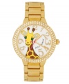 Betsey Johnson has stuck her neck out to make the most unique and delightful timepiece. Crafted of gold tone mixed metal bracelet and round case. Bezel embellished with crystal accents. White dial features giraffe with four crystal accents, gold tone applied numerals, luminous hour and minute hands, signature fuchsia second hand and logo. Quartz movement. Water resistant to 30 meters. Two-year limited warranty.
