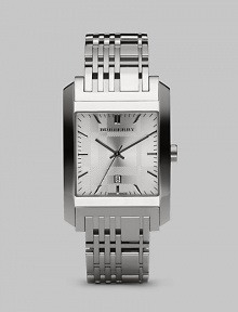 A textured check silver dial imbued with Swiss quartz precision and a check-inspired link bracelet. Quartz movement Water-resistant to 5 ATM/50m Solid stainless steel case Textured check silver dial Link bracelet Second hand Date display Square case, 33mm, 1.3 Bracelet width, 20mm, 0.79 Made in Switzerland 
