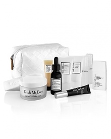 Create and maintain beautiful skin with Trishs 11-piece results-oriented, comprehensive skincare collection for effortlessly effective AM and PM skincare routines at home and on-the-go. Developed for clients at The Dr. Ronald Sherman/Trish McEvoy Skin Care Center in New York, Trishs dermatologist-designed formulations will optimally cleanse, exfoliate, moisturize and protect your skin with the added treatment benefits of hyaluronic acid, dual-action peptides and Vitamins B, C and E to regenerate and defend.Includes:Gentle Cleansing Wash 1 oz., Even Skin® Beta Hydroxy Pads, Beauty Booster® Serum, Advanced Protective Shield® Moisturizer SPF 40, Beauty B0ooster® Cream deluxe travel size, Beauty Booster® Lip Balm SPF 15, Even Skin® Vitamin C Cream 1 oz., Two signature Trish refillable bottles, Signature Trish facial headband, Custom skincare bag Create and maintain beautiful skin with Trishs 11-piece results-oriented, comprehensive skincare collection for effortlessly effective AM and PM skincare routines at home and on-the-go. Developed for clients at The Dr. Ronald Sherman/Trish McEvoy Skin Care Center in New York, Trishs dermatologist-designed formulations will optimally cleanse, exfoliate, moisturize and protect your skin with the added treatment benefits of hyaluronic acid, dual-action peptides and Vitamins B, C and E to regenerate and defend.Includes:Gentle Cleansing Wash 1 oz., Even Skin® Beta Hydroxy Pads, Beauty Booster® Serum, Advanced Protective Shield® Moisturizer SPF 40, Beauty B0ooster® Cream deluxe travel size, Beauty Booster® Lip Balm SPF 15, Even Skin® Vitamin C Cream 1 oz., Two signature Trish refillable bottles, Signature Trish facial headband, Custom skincare bag