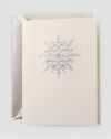 The beauty of a snowy evening, from the purple glow in the sky to the tiny flakes blanketing the ground, is conveyed in this snow white card engraved with a platinum and pale blue snow star. Inside reads Season's Greetings, engraved in platinum. Set of 10 cards5.5 X 7.38Made in USA