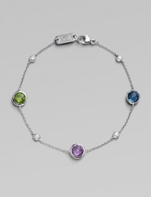 From the Silver Rain Collection. Delicate diamonds and faceted peridot, London blue topaz and dark amethyst sparkle from a delicate sterling silver chain.Diamonds, .15 tcw Peridot London blue topaz Dark amethyst Sterling silver Length, about 7 Lobster clasp closure Imported From the Silver Rain Collection. Delicate diamonds and faceted peridot, London blue topaz and dark amethyst sparkle from a delicate sterling silver chain.Diamonds, .15 tcw Peridot London blue topaz Dark amethyst Sterling silver Length, about 7 Lobster clasp closure Imported