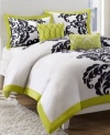A classic black and white palette is accented with bright pops of lime green in this Mallorie duvet cover set. Features a bold flourish design for a contemporary look. Two decorative pillows complete the set perfectly.