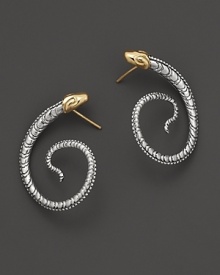Twining snakes, intricately rendered in sterling silver and finished with 18K yellow gold, recall the mythogy of ancient Greece. By Konstantino. Twining snakes, intricately rendered in sterling silver and finished with 18K yellow gold, recall the mythogy of ancient Greece. By Konstantino.