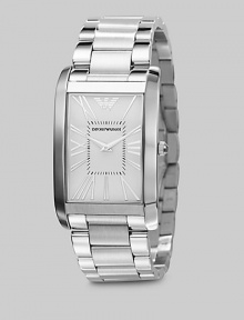 A sleek design with a mastery of the everyday in stainless steel with a curved bracelet. Rectangle bezel Quartz movement Water resistant to 5 ATM Second hand Stainless steel case: 31mm (1.22) Stainless steel bracelet: 23mm (0.90) Deployment clasp Imported A sleek design with a mastery of the everyday in stainless steel with a curved bracelet. Rectangle bezel Quartz movement Water resistant to 5 ATM Second hand Stainless steel case: 31mm (1.22) Stainless steel bracelet: 23mm (0.90) Deployment clasp Imported
