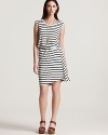 Nautical stripes lend classic American style to this ruched-waist Theory dress, designed with a wrap-style skirt with a slit at the side for a femme lift.