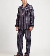 Two-piece set woven in remarkably striped cotton for sartorial appeal. Cotton. Machine wash. Imported.SHIRTButton frontChest, hip patch pocketsPANTSide elastic waistInseam, about 31