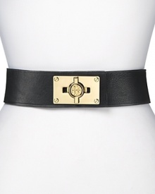 A bold turnlock asserts tough-girl glamour on this Tory Burch belt, composed of smooth leather and elastic. It's an edgy must-have over a body-con mini dress with towering stiletto booties. A bold turnlock asserts tough-girl glamour on this Tory Burch belt, composed of smooth leather and elastic. It's an edgy must-have over a body-con mini dress with towering stiletto booties.