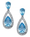 Bright blue hues brighten any look. Set in sterling silver, these teardrop-shaped earrings feature pear-cut blue topaz (6-1/2 ct. t.w.) and sparkling round-cut diamonds (1/5 ct. t.w.). Approximate drop: 1 inch.