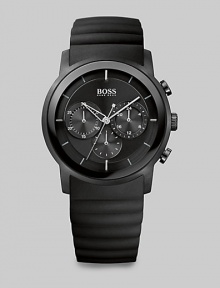 Pure and modern, our BOSS black signature, this chronograph is complete with asymmetrical counters and a metalized bezel ring. Featuring a shaped silicone strap for comfort, this timepiece can be paired with your favorite BOSS suit for contemporary sophistication.Chronograph movementRound bezelWater resistant to 5ATMSecond handStainless steel case: 42mm (1.65)Silicone braceletImported