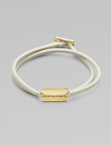 A triple wrap, leather design with a metal razor blade detail and metal buckle closure. LeatherBrassLength, about 23Buckle closureImported A triple wrap, leather design with a metal razor blade detail and metal buckle closure. LeatherBrassLength, about 23Buckle closureImported