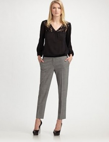 Striking contrast trim details the waistline and back pockets of this skinny pair for a modern look. Hook and bar closure Zip fly Side pockets Back welt pockets Contrast trim Inseam, about 30 95% wool/5% elastane Dry clean Imported Striking contrast trim details the waistline and back pockets of this skinny pair for a modern look. Hook and bar closure Zip fly Side pockets Back welt pockets Contrast trim Inseam, about 30 95% wool/5% elastane Dry clean Imported