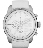 Crisp, cool, chronograph. This unisex watch from Diesel is washed out in whites for a fresh look.