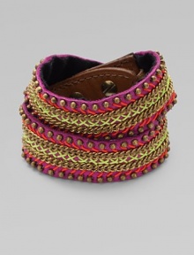 Golden beads and chains are stitched with neon-bright cord onto a pink leather, double-wrap cuff in this edgy, urban design.LeatherGoldtoneCotton backingLength, about 15¾Width, about 2¾Stud snap closureImported Golden beads and chains are stitched with neon-bright cord onto a pink leather, double-wrap cuff in this edgy, urban design.LeatherGoldtoneCotton backingLength, about 15¾Width, about 2¾Stud snap closureImported