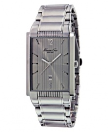 Announces your arrival with this sleek industrial design by Kenneth Cole New York. Watch crafted from stainless steel bracelet and rectangular case. Gray sunray dial with vertically lined pattern features stick indices, numerals at twelve and three o'clock, date window at three o'clock and logo. Quartz movement. Water resistant to 30 meters. Limited lifetime warranty. Announces your arrival with this sleek industrial design by Kenneth Cole New York. Watch crafted from stainless steel bracelet and rectangular case. Gray sunray dial with vertically lined pattern features stick indices, numerals at twelve and three o'clock, date window at three o'clock and logo. Quartz movement. Water resistant to 30 meters. Limited lifetime warranty.